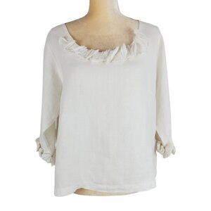 Krista Larson White Pure Linen Flutter Trim Sleeve Boxy Cropped Blouse One Size